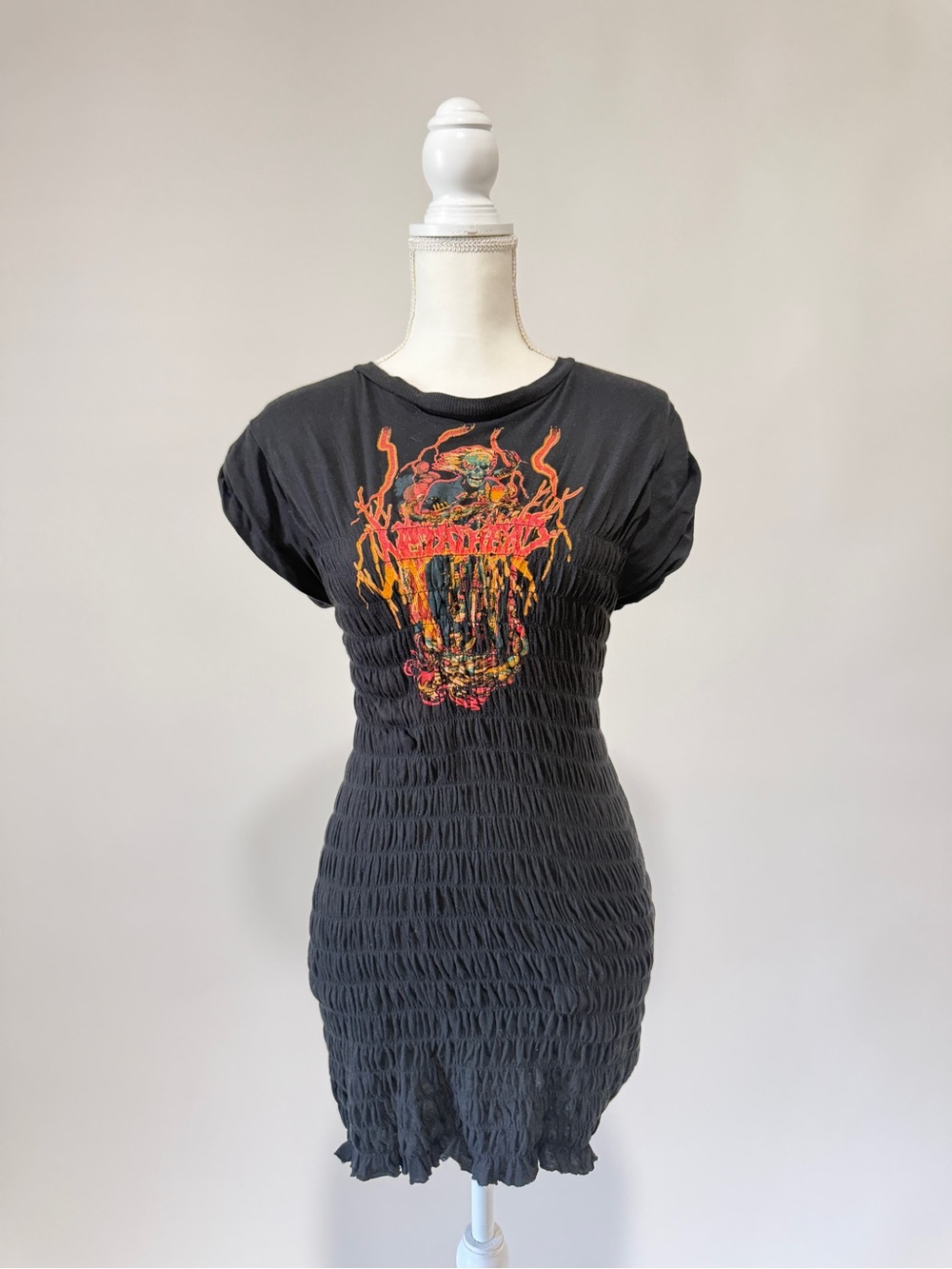 Urban Outfitters Black Smocked Graphic Mini Dress with Orange & Red Print